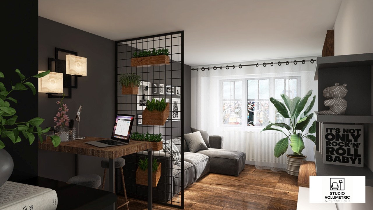 Proiect design interior Living multifuncțional masculin — Studio Volumetric București